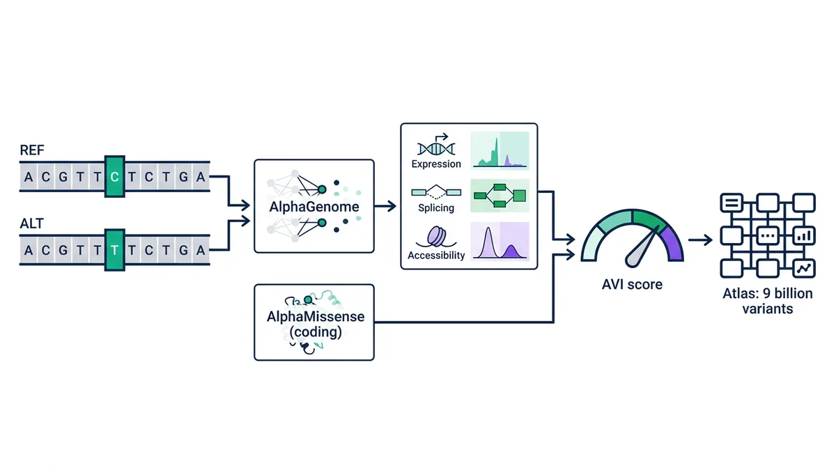 Variant scoring workflow from REF and ALT sequences through AlphaGenome and AlphaMissense to the AVI score and the Atlas