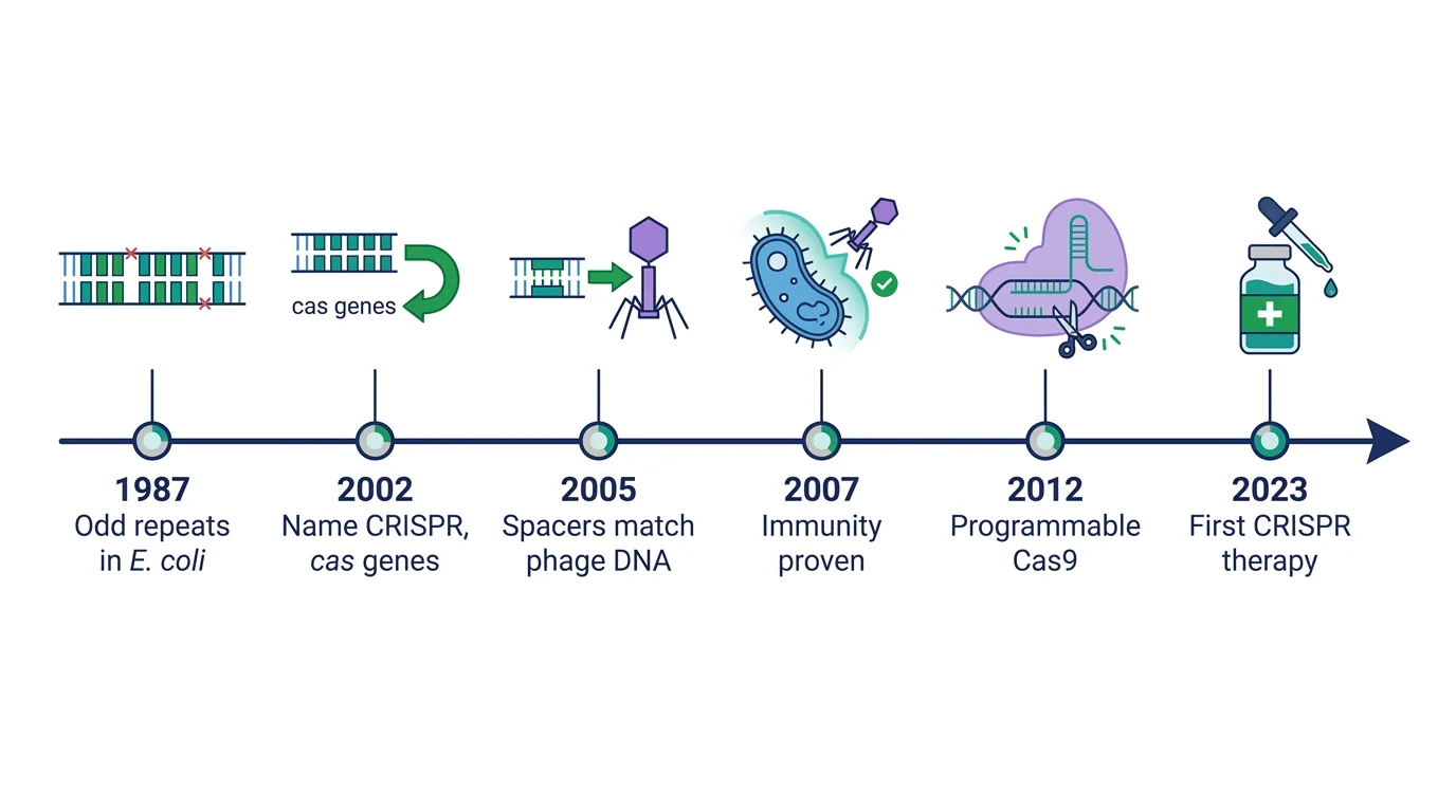 Timeline of CRISPR from odd repeats in E. coli in 1987 to the first CRISPR therapy in 2023
