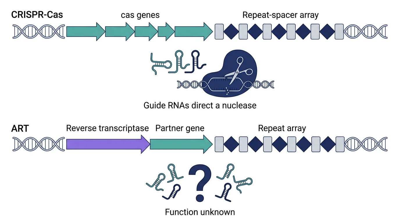 Side-by-side comparison of a CRISPR-Cas locus, where guide RNAs direct a nuclease, and an ART locus with a reverse transcriptase, partner gene and repeat array whose function is unknown