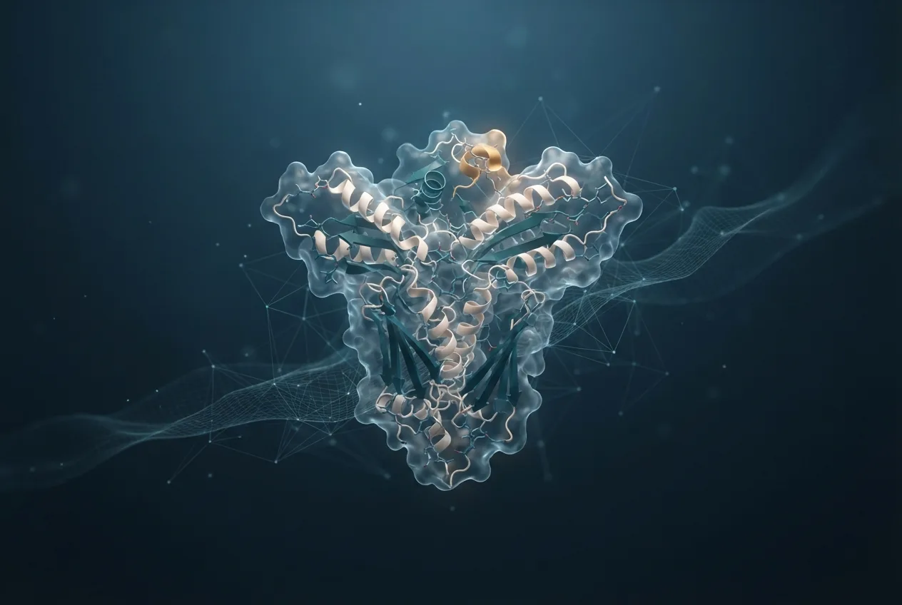 Abstract computational biology visualization of protein structures related to alphafold-based structural modeling of viral glycoproteins