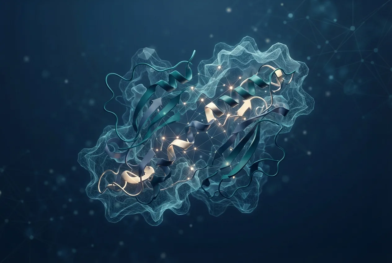Abstract computational biology visualization of protein structures related to bioinformatics profiling of viral recombination dynamics in co-infected hosts