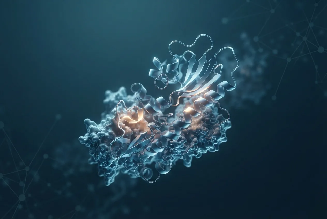 Abstract computational biology visualization of protein structures related to biotech companies
