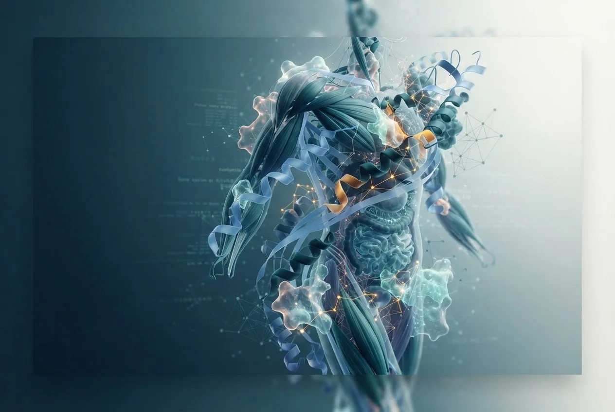 Abstract computational biology visualization of protein structures related to body composition analysis