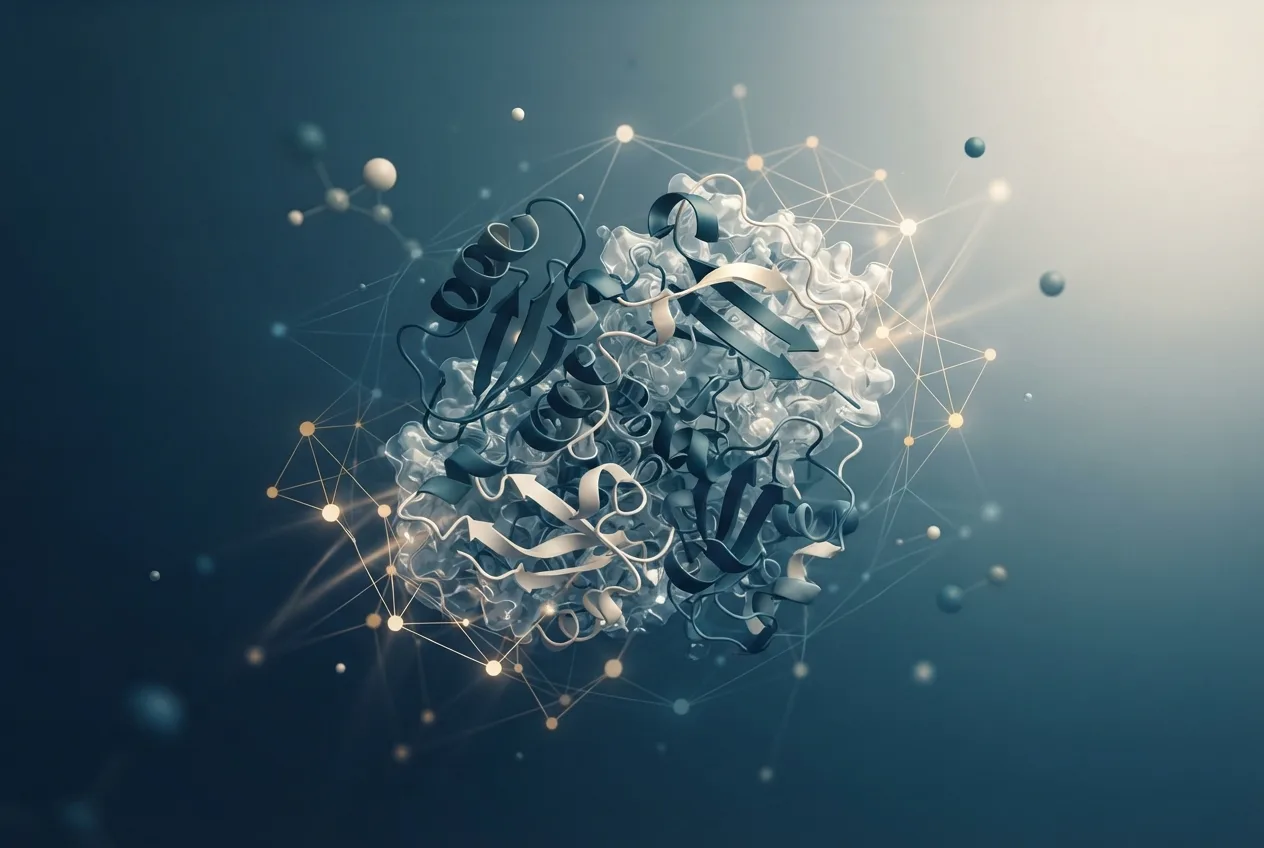 Abstract computational biology visualization of protein structures related to cellular biology definition