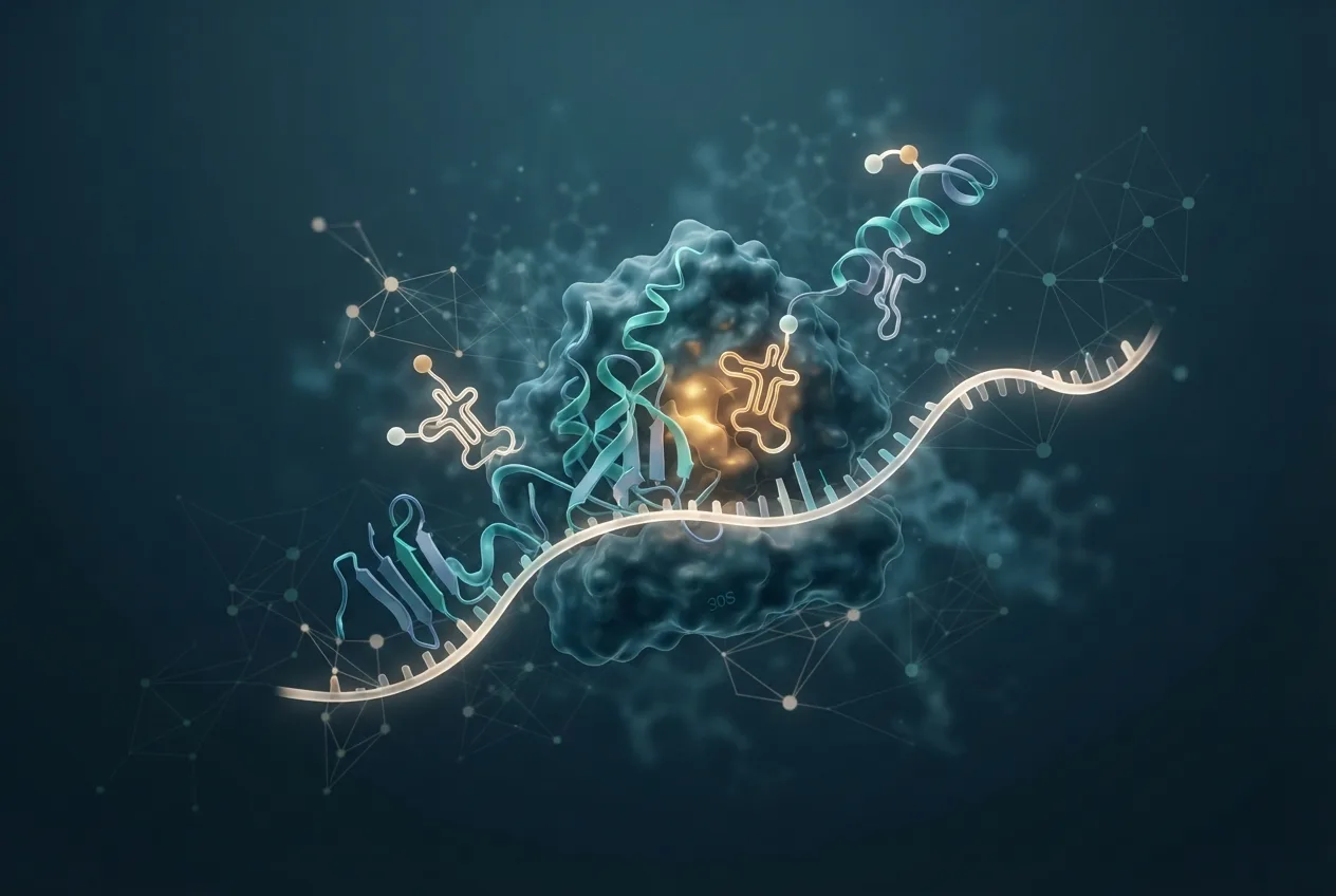 Abstract computational biology visualization of protein structures related to define biology translation