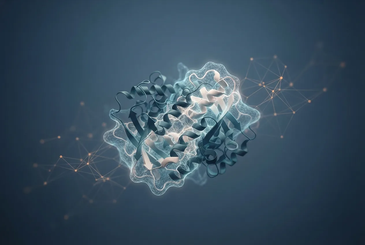 Abstract computational biology visualization of protein structures related to define trait biology
