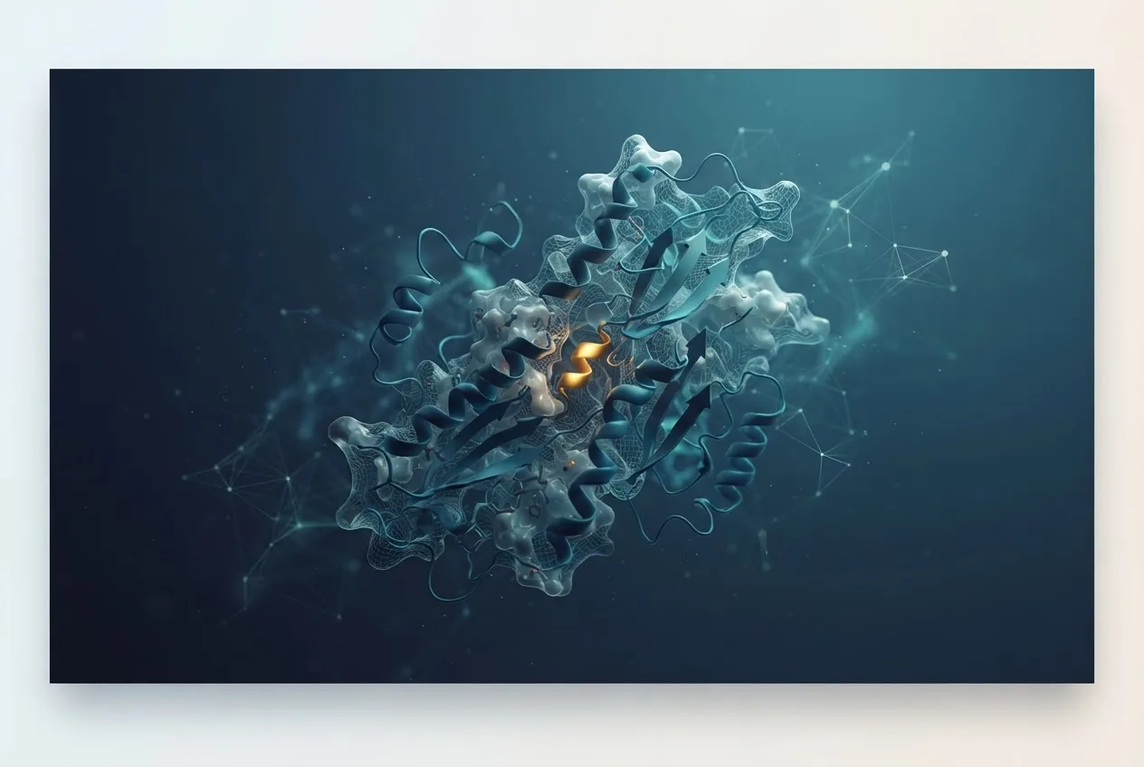 Abstract computational biology visualization of protein structures related to human biology name