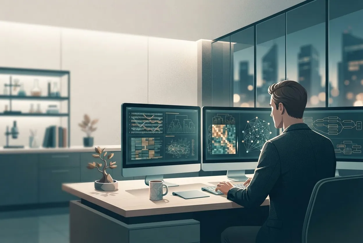 Illustration of a bioinformatics workspace with multiple monitors showing genomic data