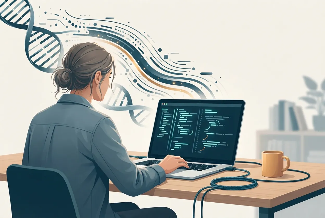 Illustration of a biologist learning to code, with a DNA helix dissolving into sequence data