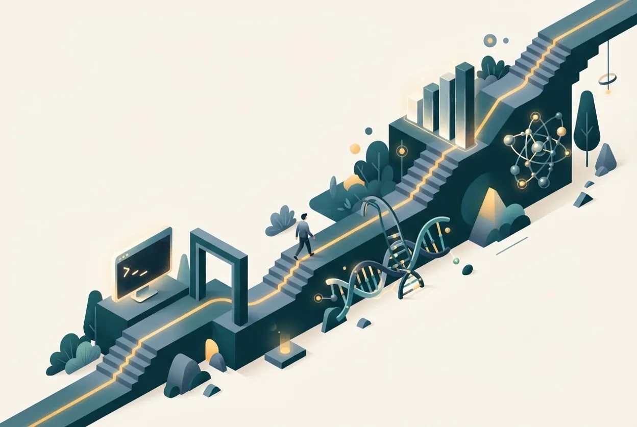 Illustration of a step-by-step bioinformatics learning roadmap