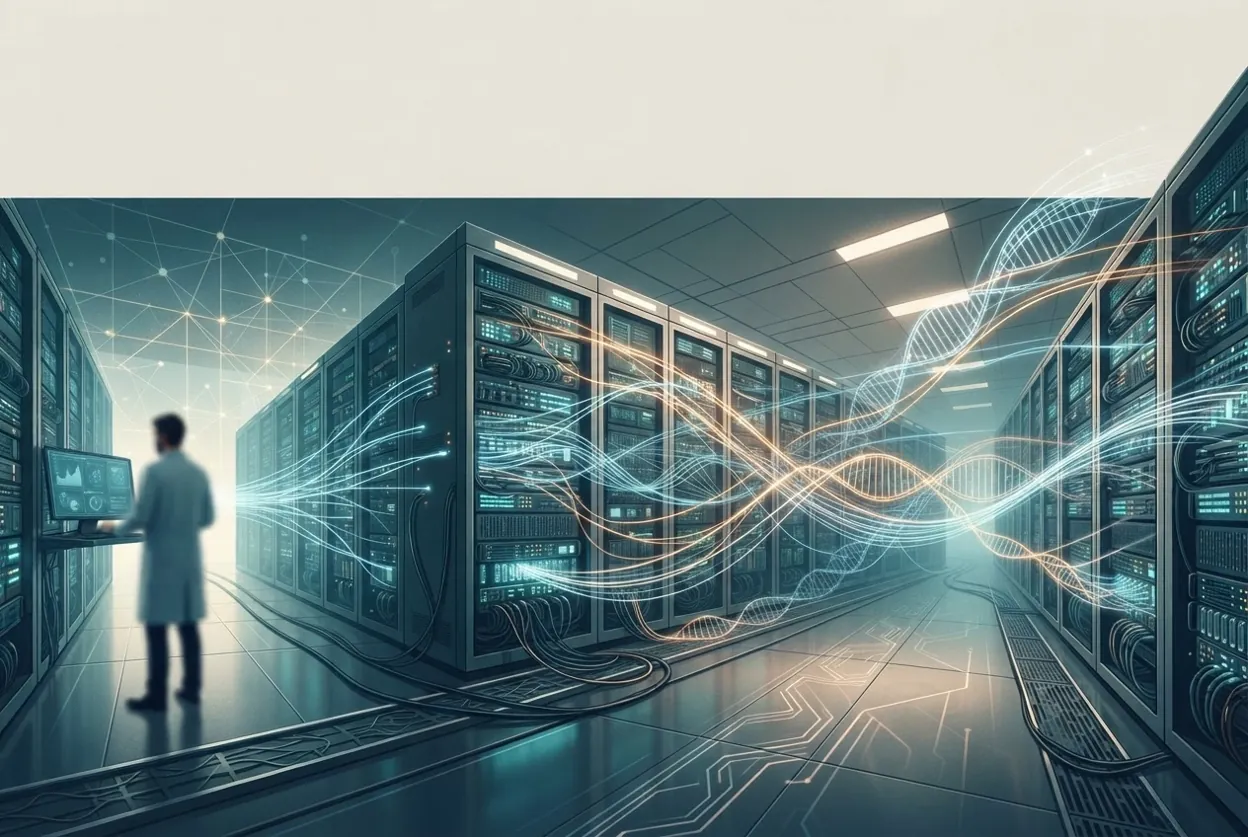Illustration of a high-performance computing server room with data streams and RNA strands