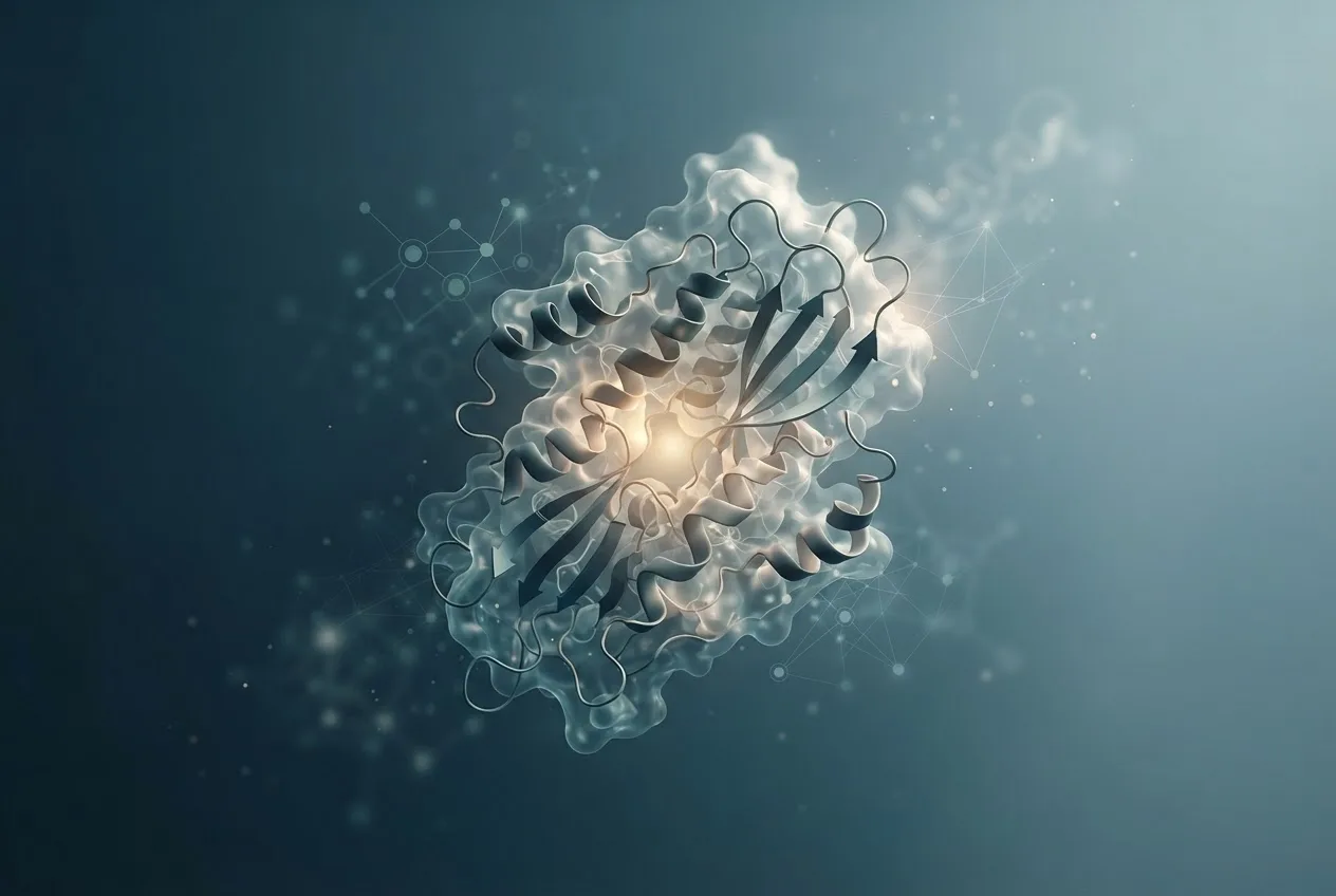 Abstract computational biology visualization of protein structures related to legend biotech