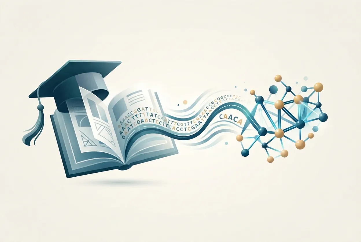 Illustration blending academic graduation motifs with DNA and molecular data