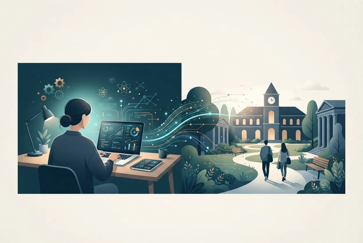 Illustration comparing online and on-campus study