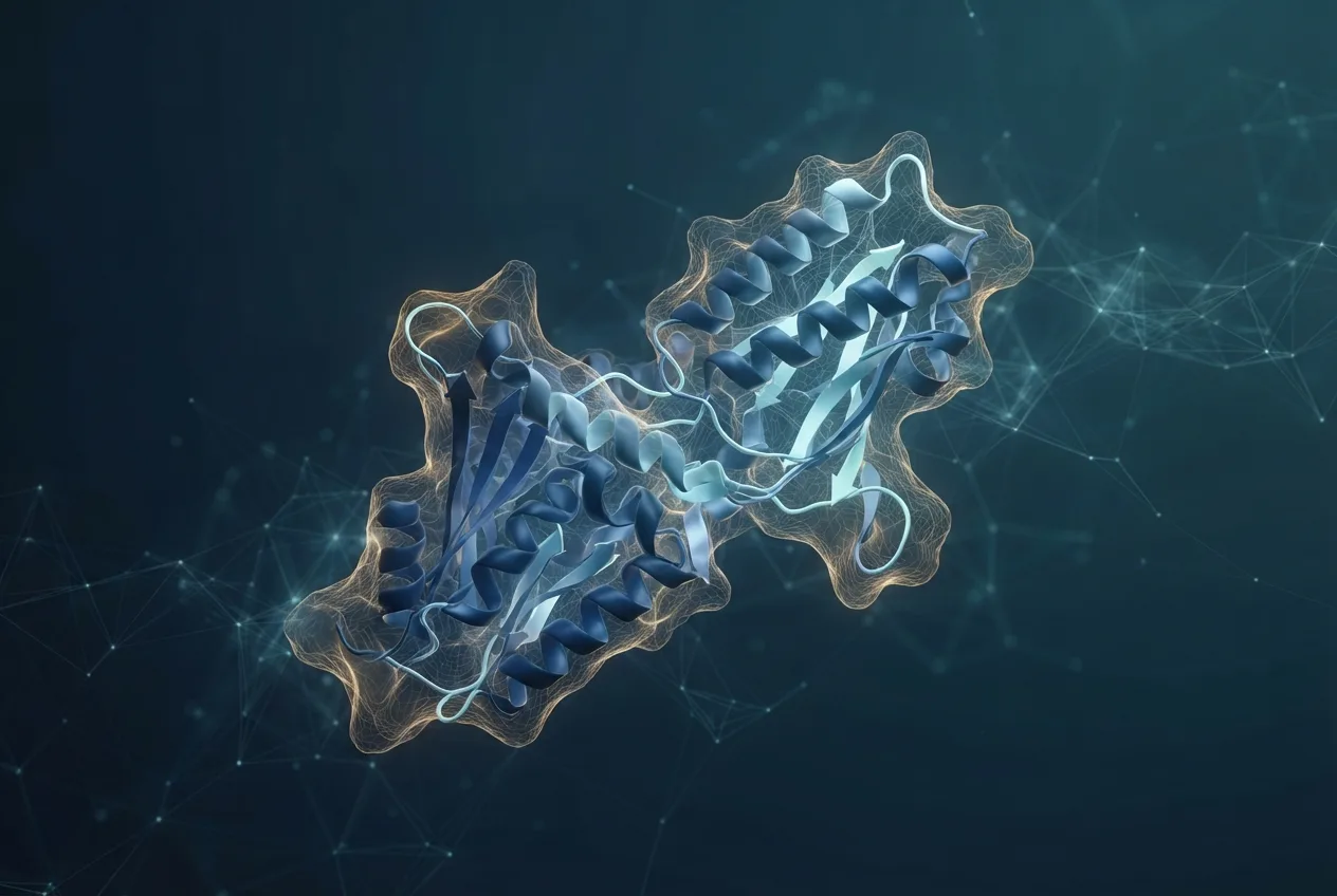 Abstract computational biology visualization of protein structures related to radiology programs
