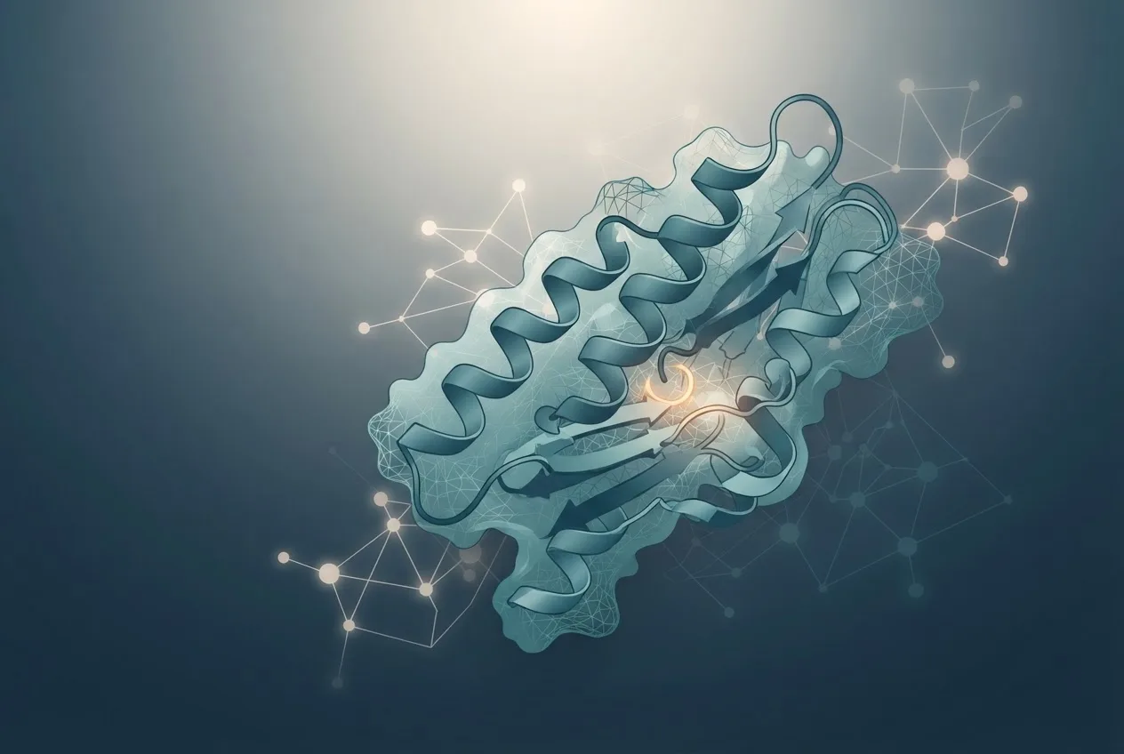 Abstract computational biology visualization of protein structures related to research peptides