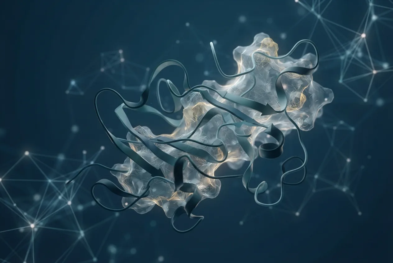 Abstract computational biology visualization of protein structures related to transcript definition biology