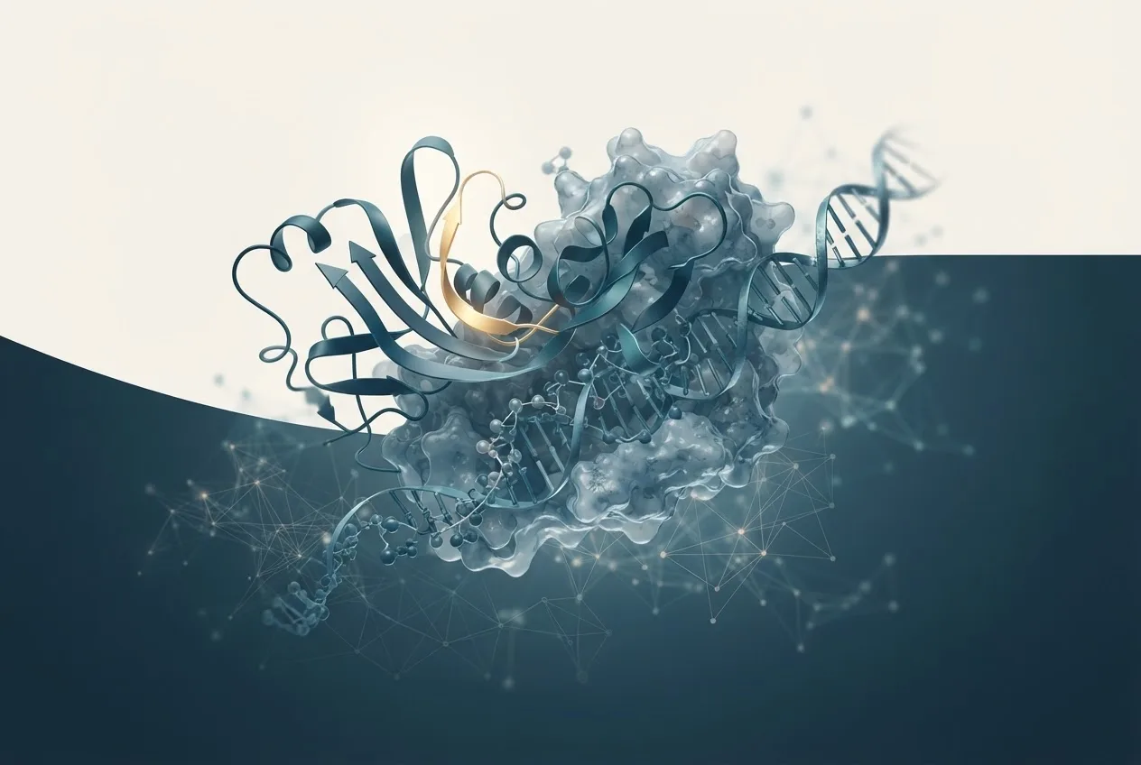 Abstract computational biology visualization of protein structures related to transcription meaning biology