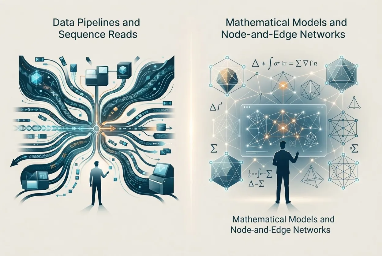 Split illustration of data pipelines versus mathematical models