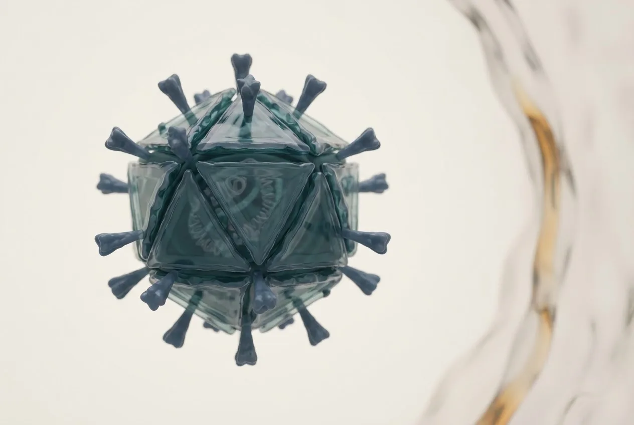3D illustration of the bluetongue virus serotype 8 particle showing capsid structure and surface proteins