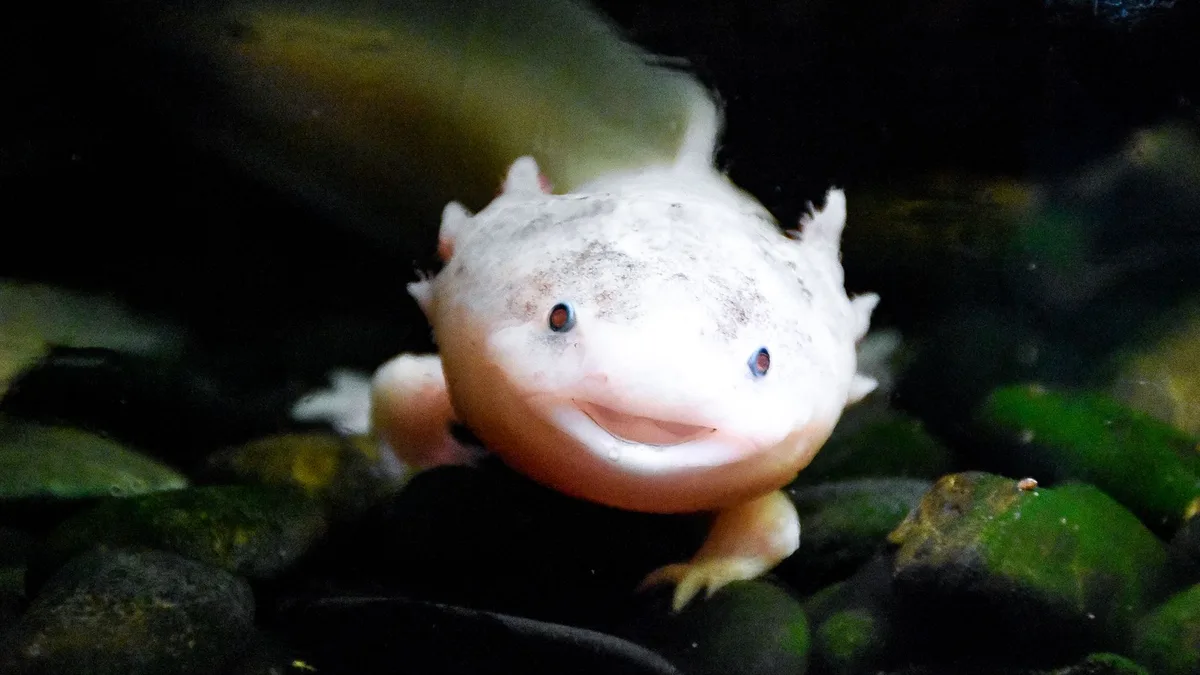 Charming axolotl smiling underwater, showcasing its unique features in a natural setting - axolotl floating problem