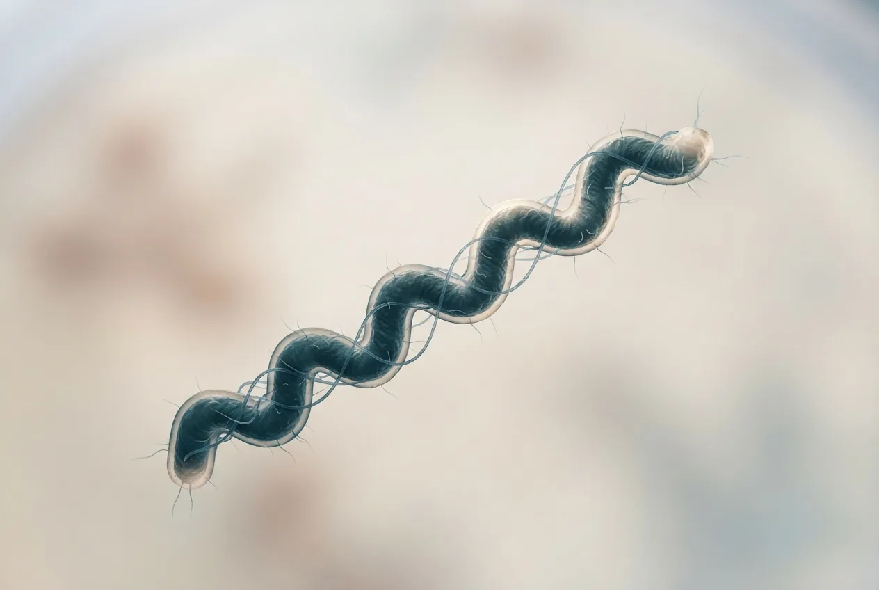 Microscopy-style illustration of brachyspira hyodysenteriae (swine dysentery) bacteria showing cell morphology