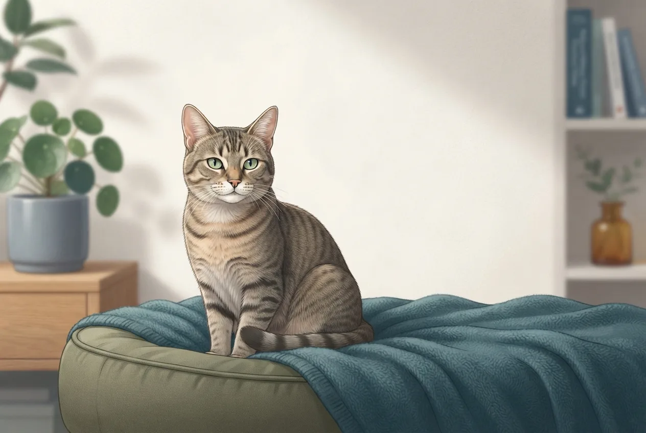 Illustration of a healthy, calm dog or cat representing the pet-health topic of chronic kidney disease in cats