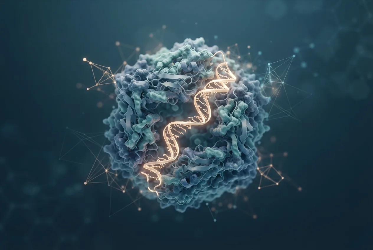Abstract computational biology visualization of protein structures related to computational modeling of viral packaging signal rna-capsid interactions
