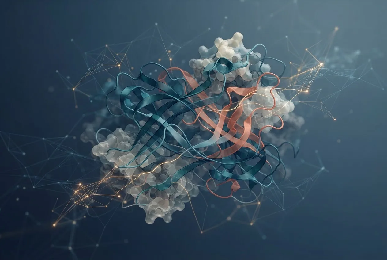 Abstract computational biology visualization of protein structures related to computational screening of host factor inhibitors to prevent viral exploitation
