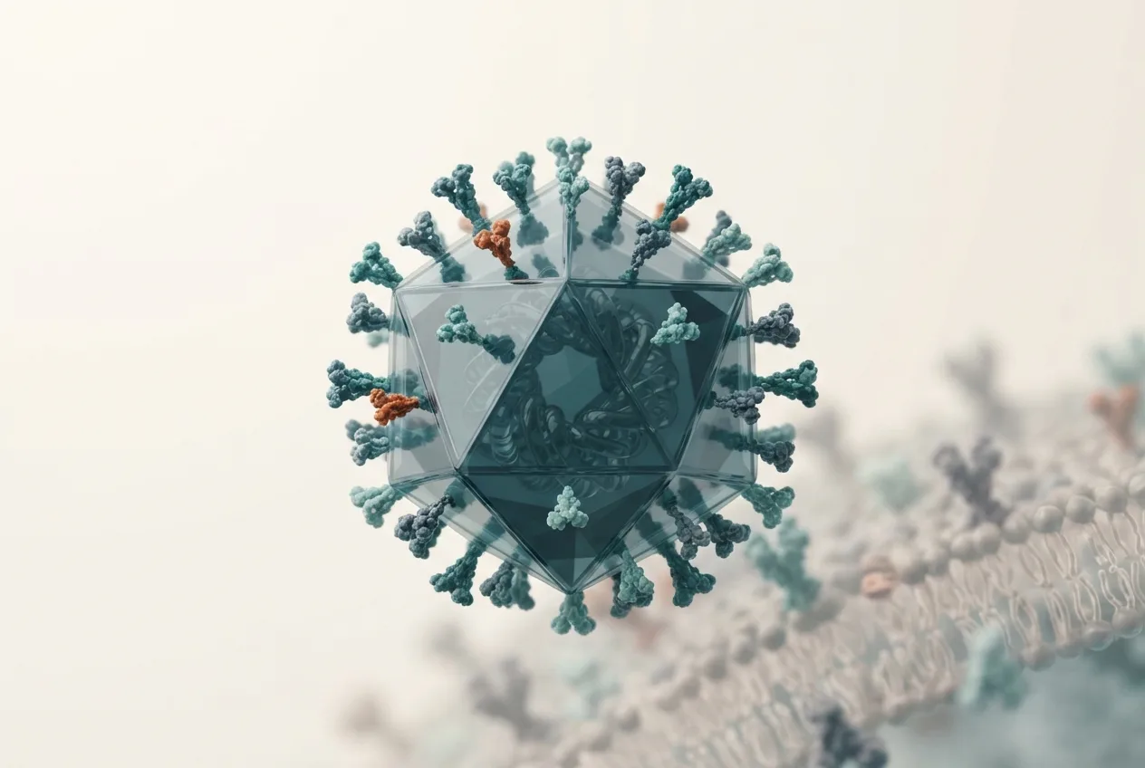 3D illustration of the cyprinid herpesvirus 1 (carp pox) particle showing capsid structure and surface proteins