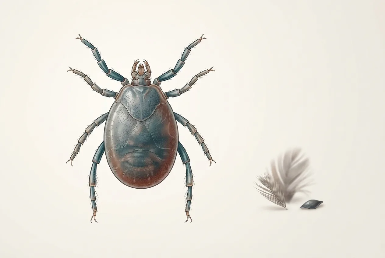 Scientific illustration of the dermanyssus gallinae (red mite) parasite life stage