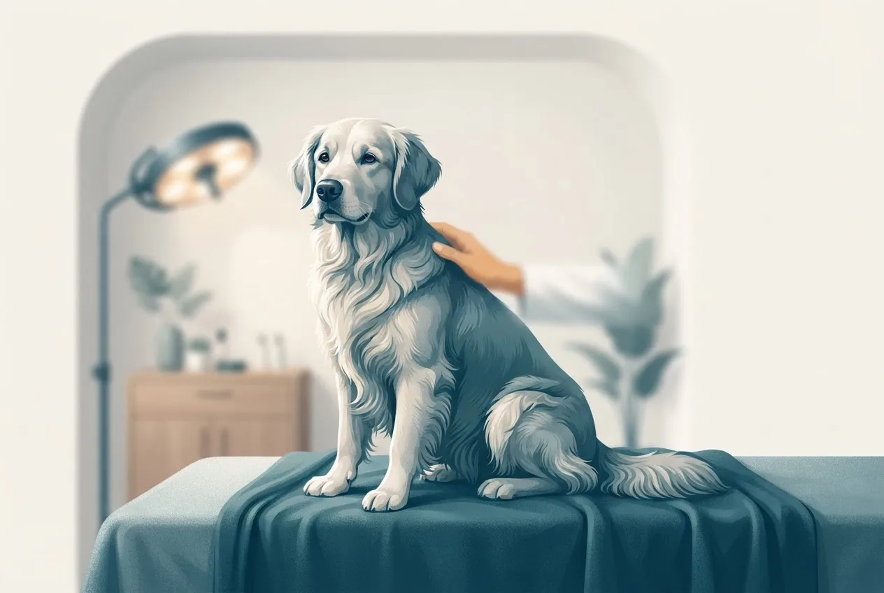 Illustration of a healthy, calm dog or cat representing the pet-health topic of dilated cardiomyopathy in dogs