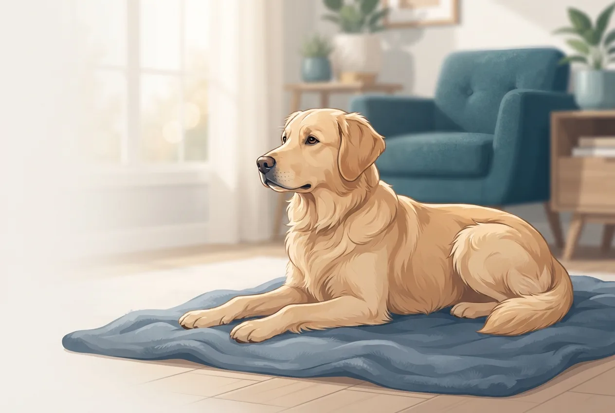 Illustration of a healthy, calm dog or cat representing the pet-health topic of dog hip dysplasia symptoms