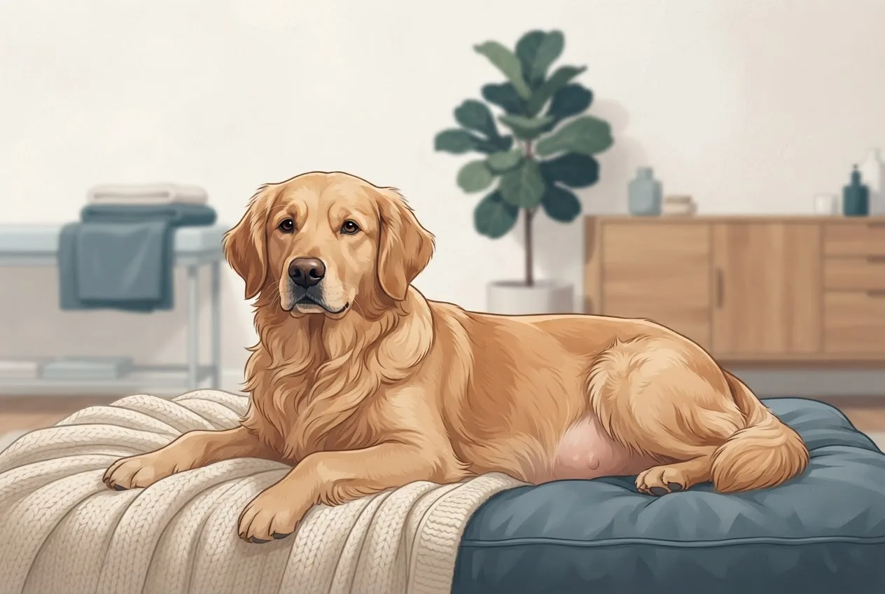 Illustration of a healthy, calm dog or cat representing the pet-health topic of dog pregnancy symptoms