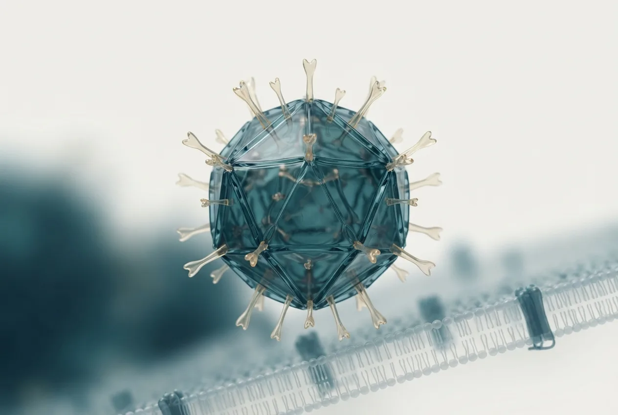 3D illustration of the epizootic haematopoietic necrosis virus (ehnv) particle showing capsid structure and surface proteins