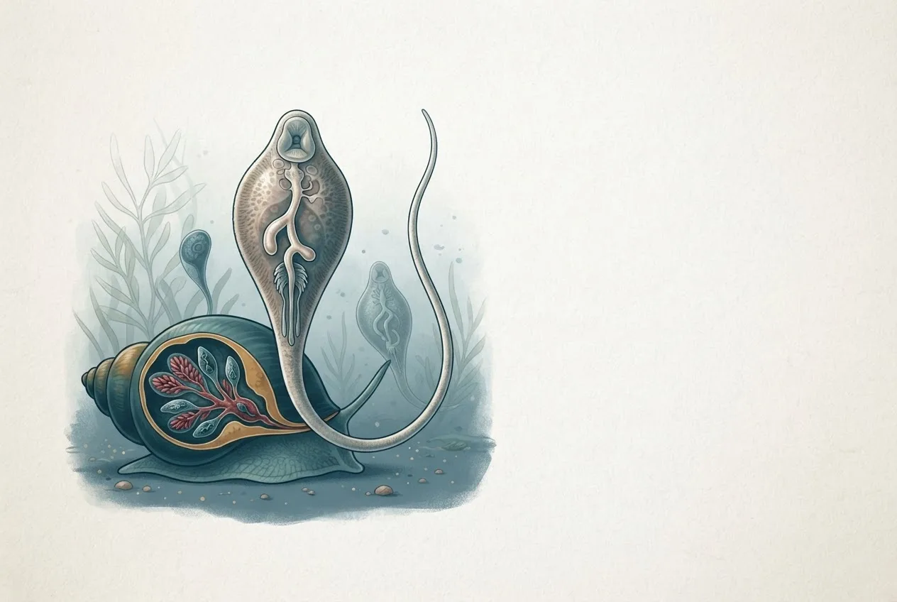 Scientific illustration of the fasciola gigantica parasite life stage