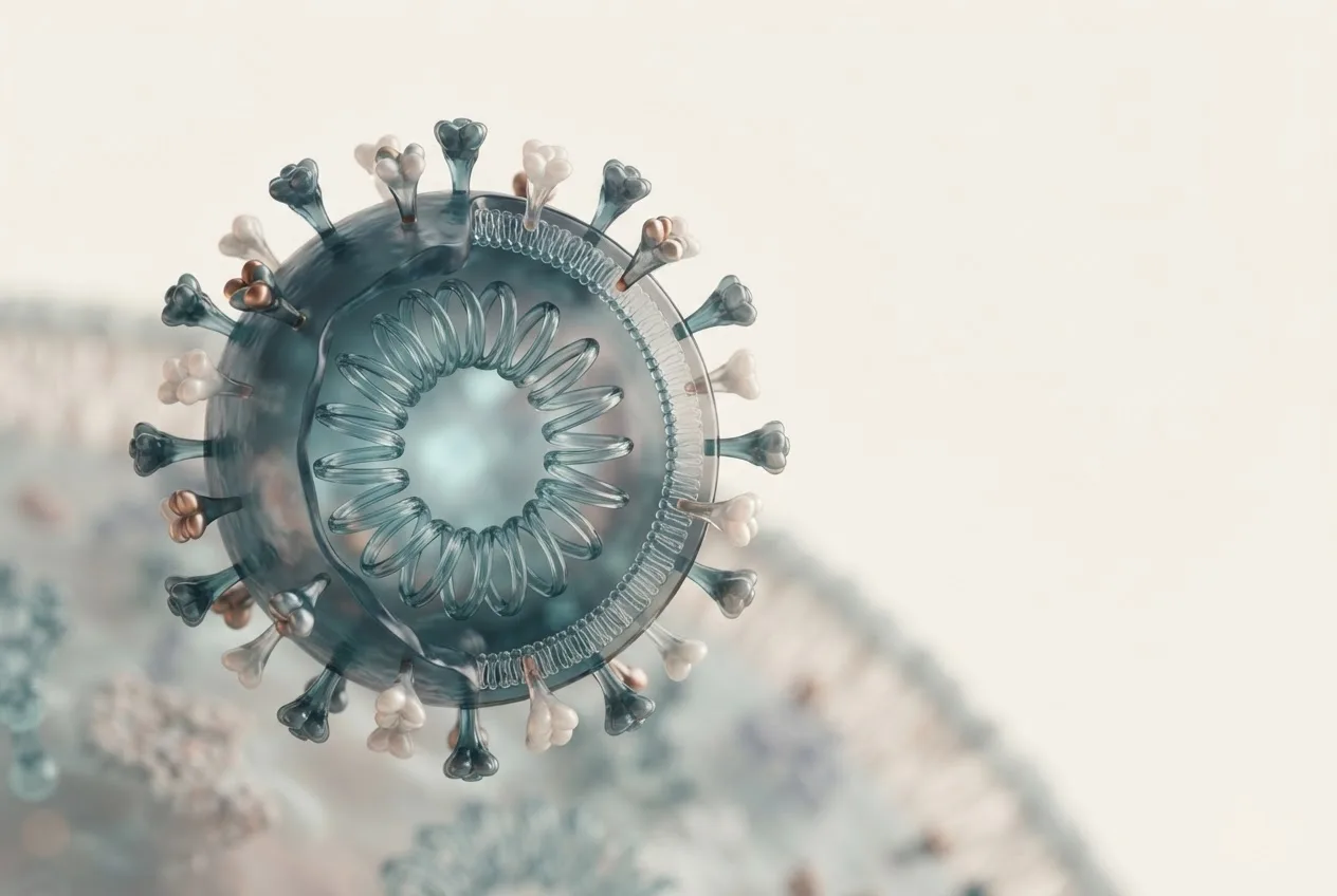 3D illustration of the ferret systemic coronavirus particle showing capsid structure and surface proteins