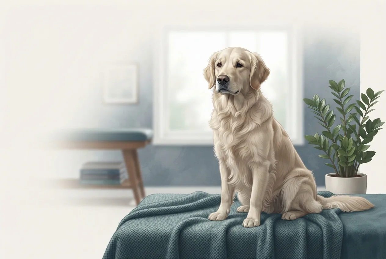 Illustration of a healthy, calm dog or cat representing the pet-health topic of gastric dilatation-volvulus (bloat) in dogs