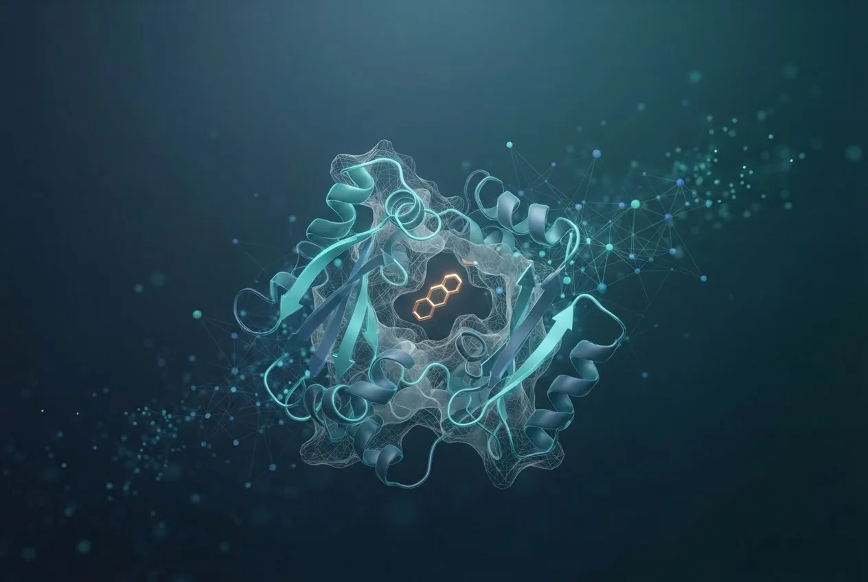 Abstract computational biology visualization of protein structures related to graph neural networks for predicting drug-target interactions