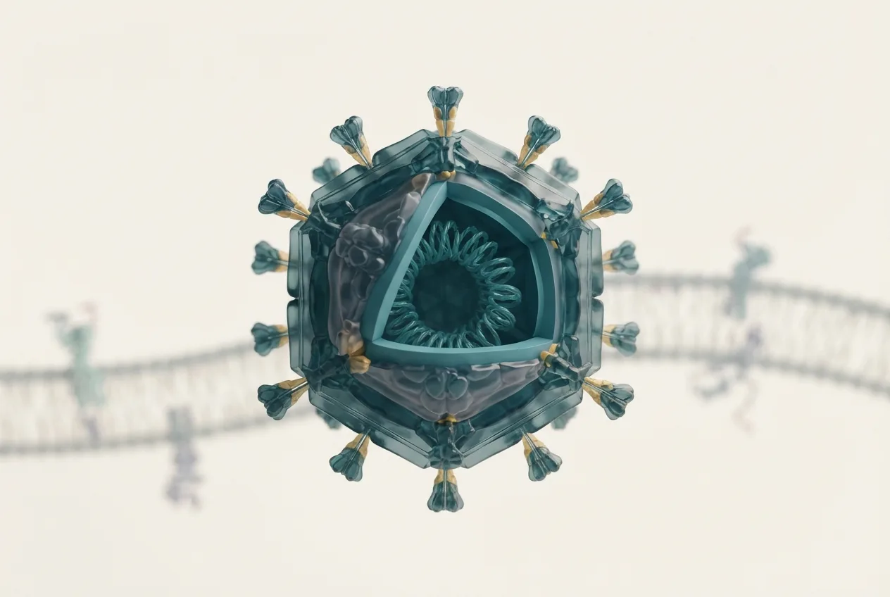 3D illustration of the grass carp reovirus (gcrv) particle showing capsid structure and surface proteins