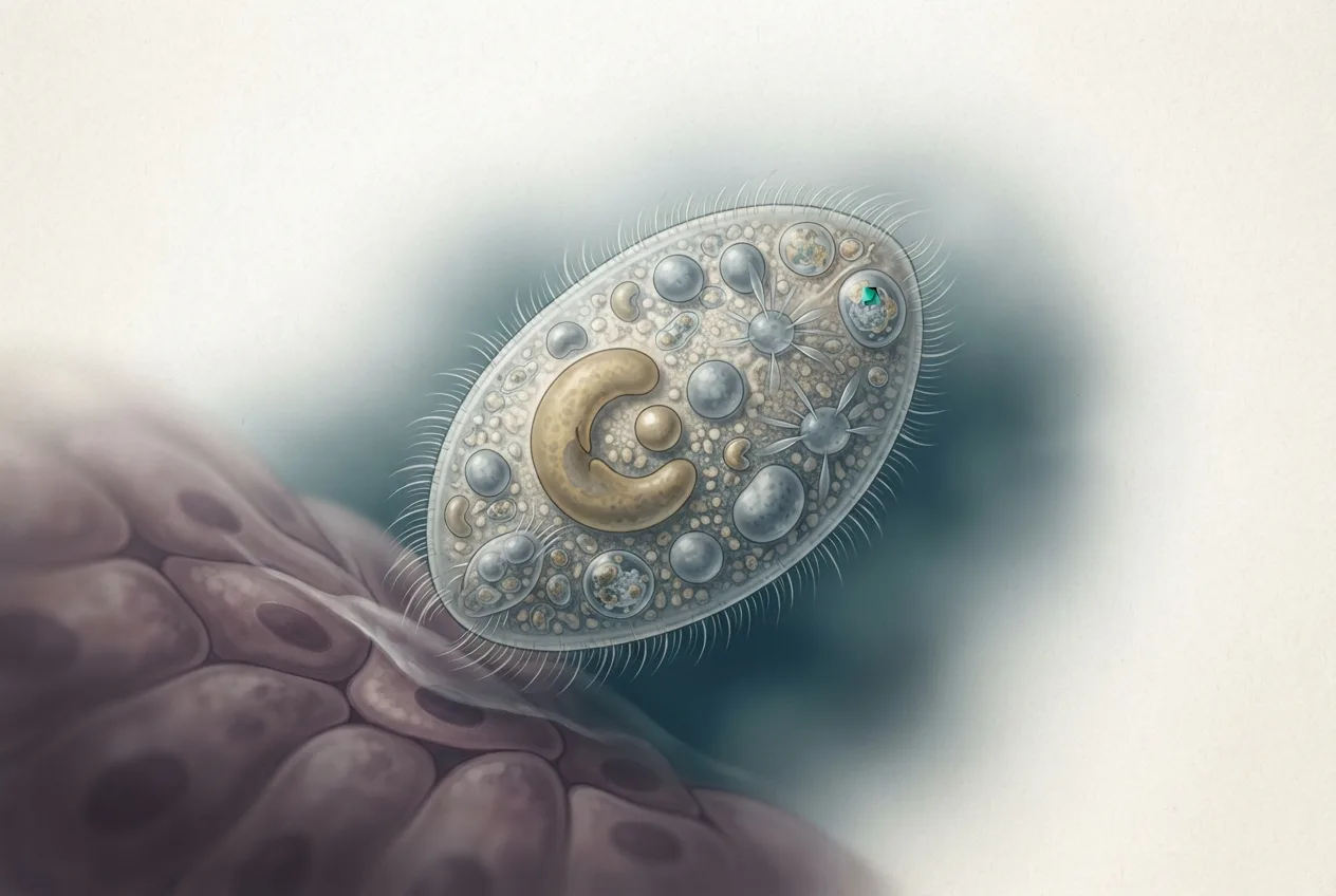 Scientific illustration of the ichthyophthirius multifiliis (white spot / ich) parasite life stage