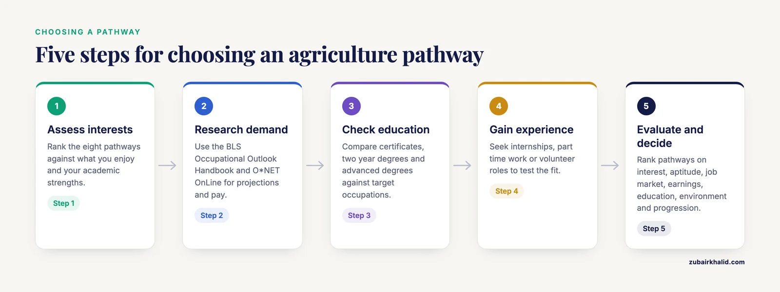 Five step flow from assessing interests through researching demand, checking education, gaining experience and deciding.
