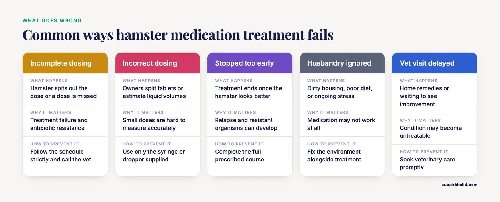 Comparison of five common medication failure patterns in hamsters with what each one causes and how to prevent it