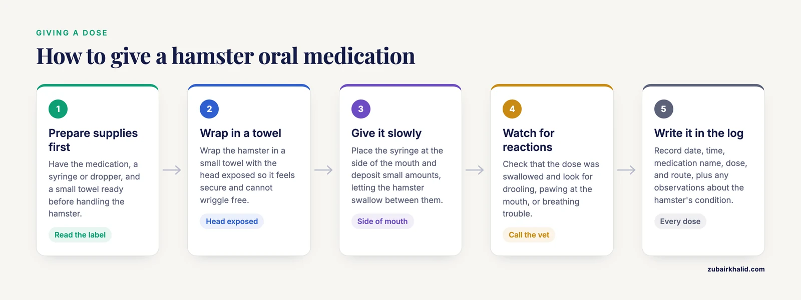 Five step sequence for giving oral medication to a hamster, from preparing supplies to logging the dose
