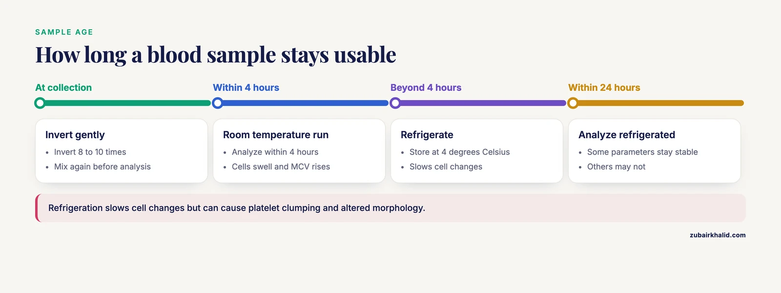 Timeline showing blood samples analyzed within 4 hours at room temperature or refrigerated and run within 24 hours.