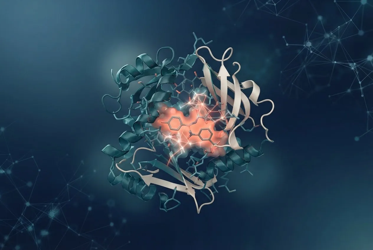Abstract computational biology visualization of protein structures related to in silico design of broad-spectrum viral protease inhibitors targeting conserved catalytic triads