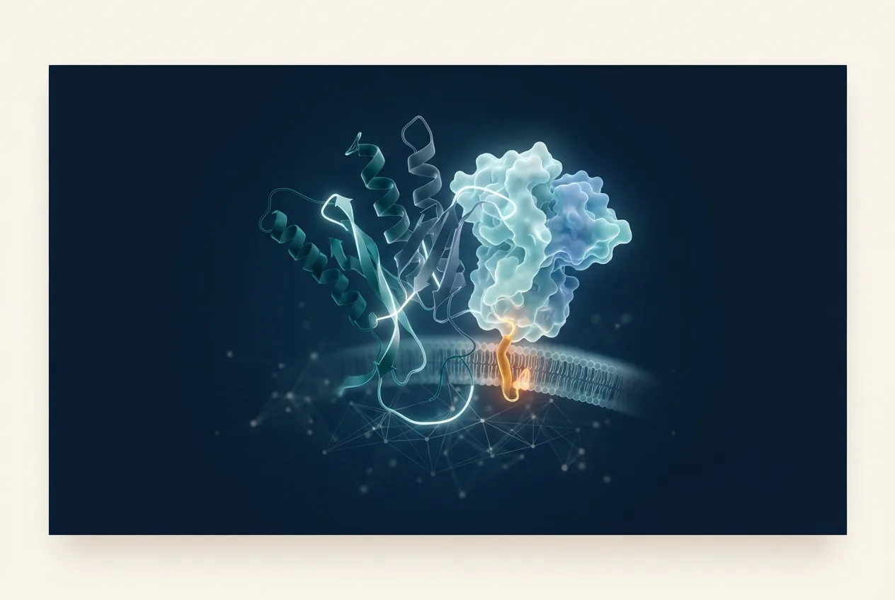 Abstract computational biology visualization of protein structures related to in silico modeling of viral envelope fusion kinetics and transition states