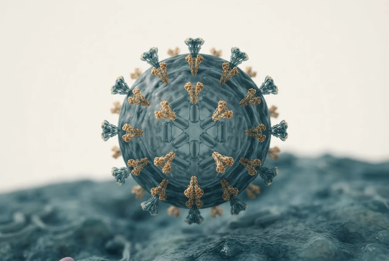 3D illustration of the infectious salmon anaemia virus (isav) particle showing capsid structure and surface proteins