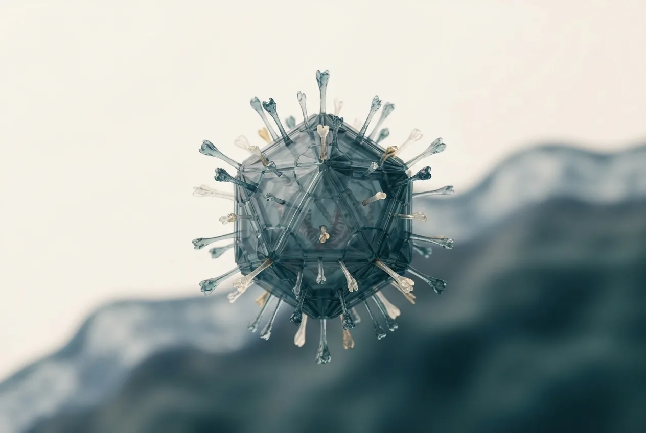 3D illustration of the largemouth bass virus (lmbv) particle showing capsid structure and surface proteins