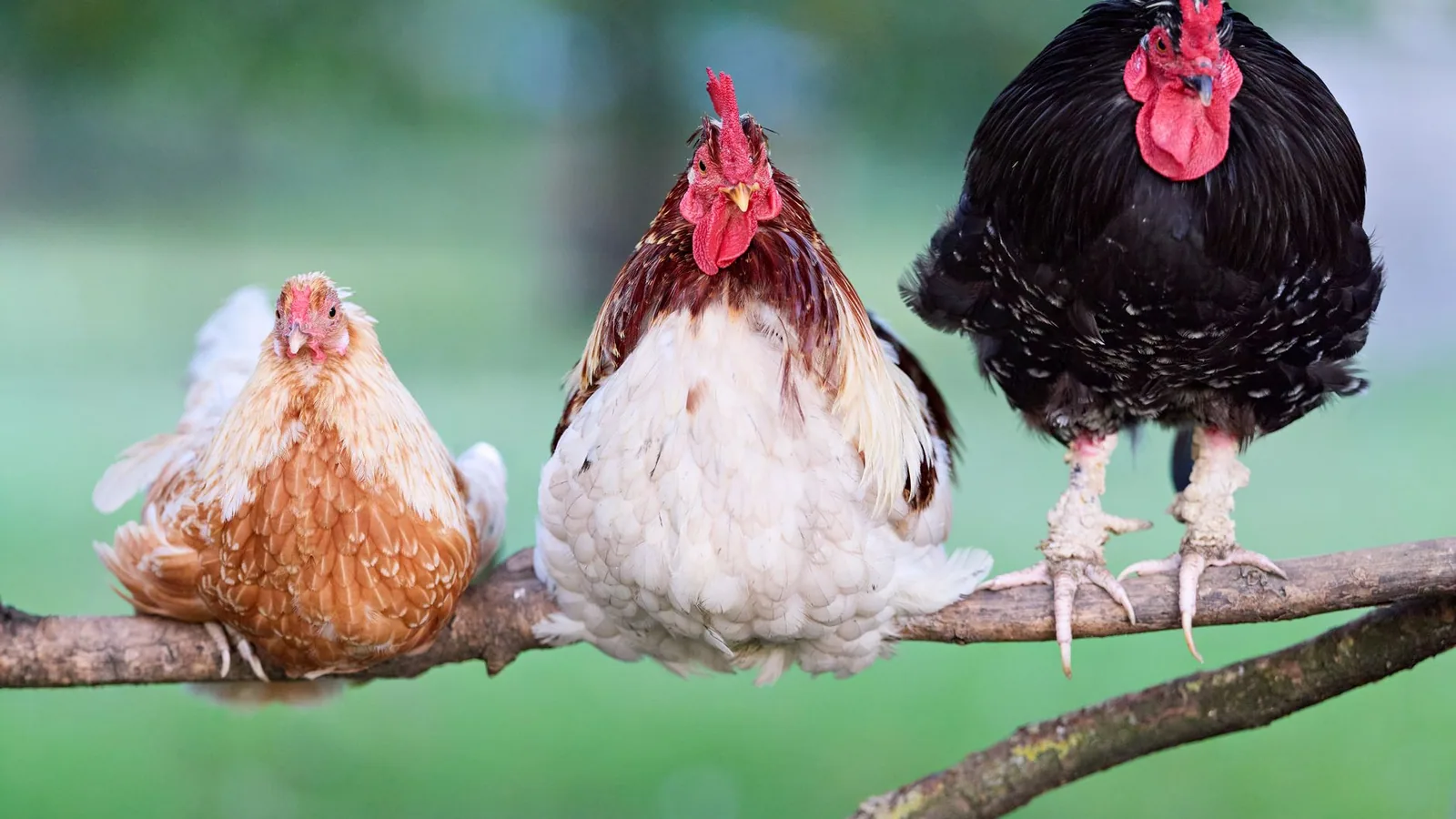 Three colorful chickens perched on a branch, showcasing their vibrant feathers in a rural garden setting